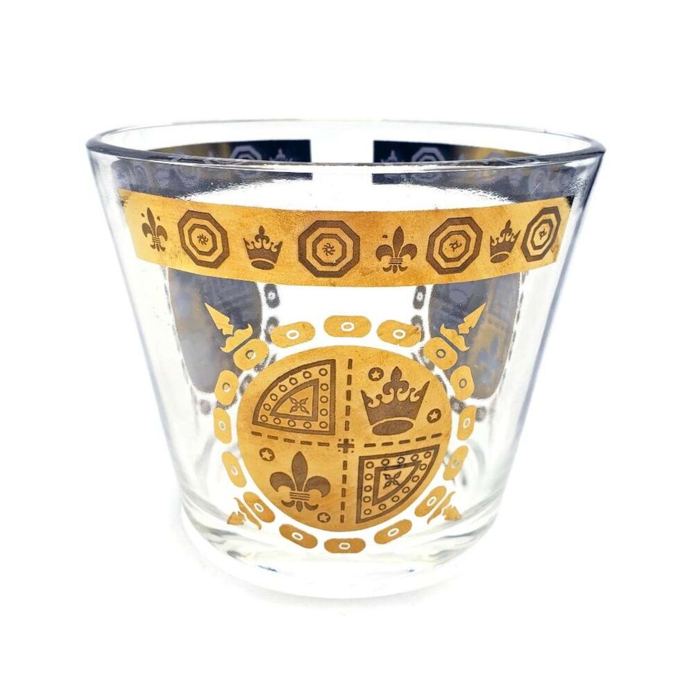 Vintage Gold Glass Ice Bucket Vito Bari Fleur de Lis Design Hollywood MCM Decor